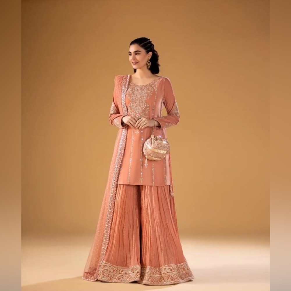 Elegant Peach Embroidered Wedding Dress